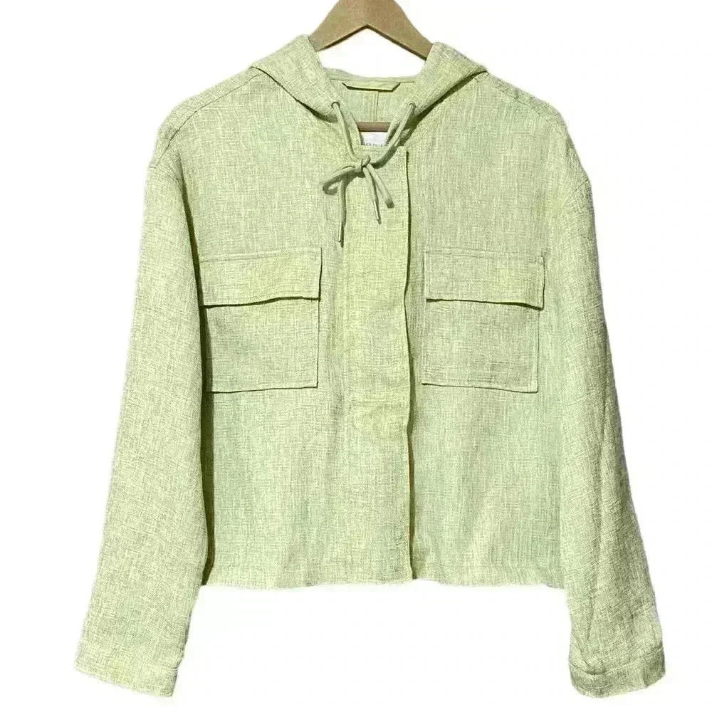 Avec Les Filles Womens L Light Green Cropped Hooded Tweed Jacket Zip Snap NWT